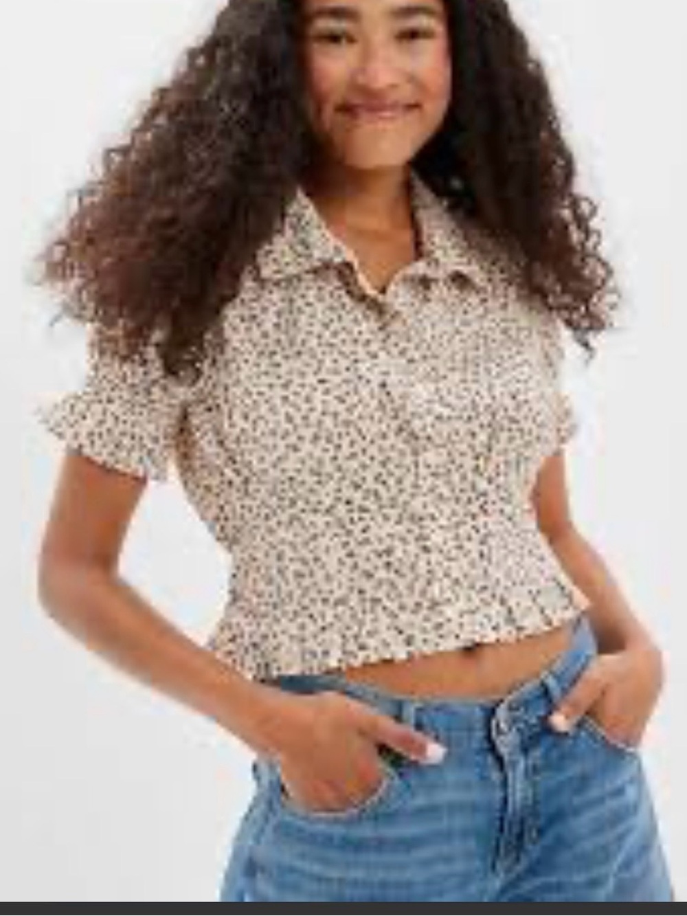 American Eagle Floral Smocked Short Sleeve Blouse Cream Brown Size M Boho